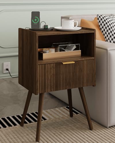 Veegle Nightstand,Modern Bedside Table with Storage Drawer and Open Wood Shelf, Accent Night Stand with Solid Wood Legs for Living Room, Bedroom and Small Spaces,Easy Assembly (Walnut Brown-Outlet) - color: Walnut Brown-outlet