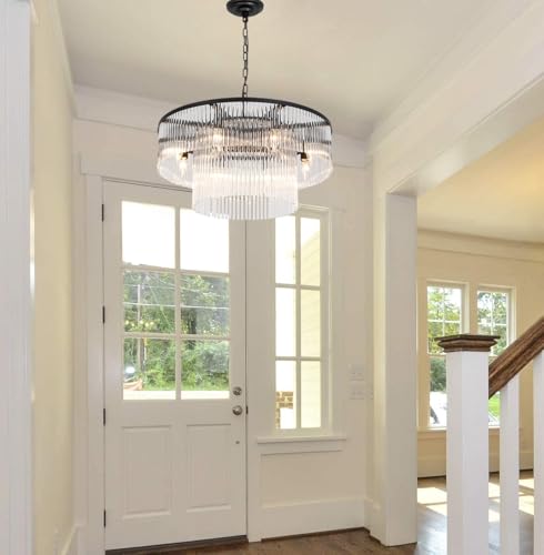Black Modern Chandelier, 2-Tier Crystal Glass, 8-Light Round Dining Room Chandelier, Contemporary Pendant Ceiling Light for Bedroom Foyer Entryway, 23.6'' - size: Small Black (23.6" x 70")