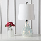 JONATHAN Y 20.5" Mosaic White Coastal Mini LED Table Lamp for Living Room Office, White Linen Drum Shade, Modern Mother of Pearl Bedside Nightstand Lamp, LED Bulb Included (JYL1024B) - color: White