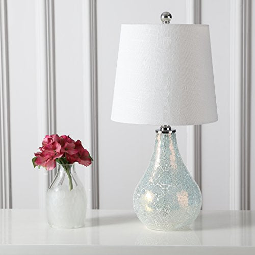 JONATHAN Y 20.5" Mosaic White Coastal Mini LED Table Lamp for Living Room Office, White Linen Drum Shade, Modern Mother of Pearl Bedside Nightstand Lamp, LED Bulb Included (JYL1024B) - color: White