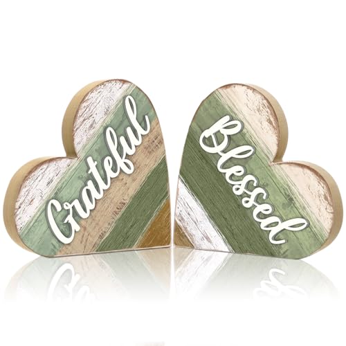 Jetec 2 Pcs Rustic Wooden Heart Table Decor, Daisy Farmhouse Home Decor, Bless This Home & Be Kind Sign for Living Room, Dining Room, Shelf & Mantel, Ideal Housewarming & Birthday Gift(Blessed Style) - style: Blessed Style