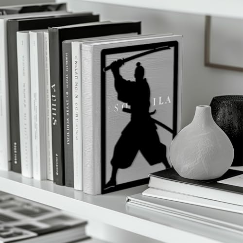 Peacoblue Metal Bookends for Shelves, Modern Decorative Heavy Duty Study Book Ends Stoppers for Office, Desk, Shelf, Room 5.3"x4.3"x7.9" Cast Iron Simple Tall Bookends 1 Pair (Japanese Samurai) - style: Japanese Samurai