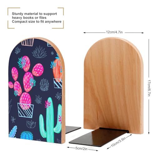 Wooden Bookends 2 Pcs,Abstract and Colorful Cactus Plants Heavy Duty Office Book Ends Anti Slip Book Shelf Holder with Metal Base Decorative Book Stands - color: Abstract and Colorful Cactus Plants