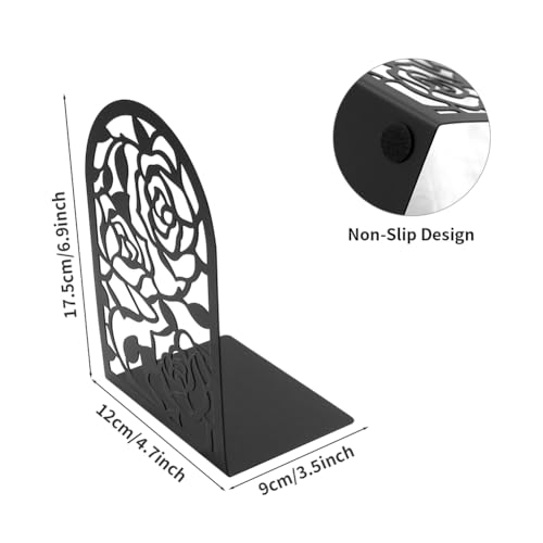 Elegant Rose Bookends Hollow-Out Rose Flower Book Ends Shelves Organizer Metal Book Stands Journal Book Holder Reading Room Decorative Bookends Library Book Stoppers for Office Home School (Black) - color: Black