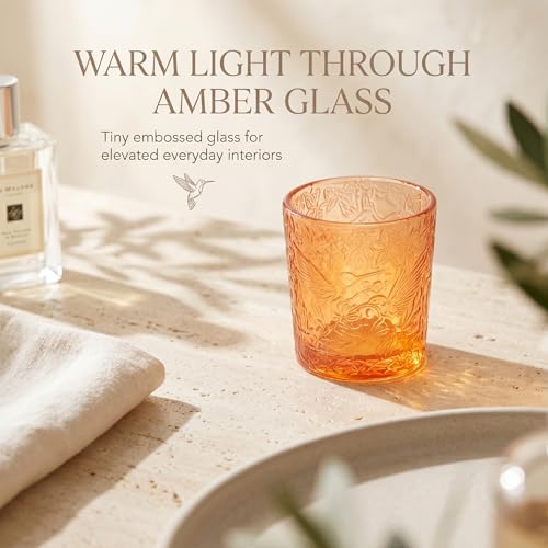 12 Pack Hummingbird Embossed Glass Candle Holders – Votive Tealight Holders with Patent Design, Decorative Embossed Glass Cups for Wedding Centerpieces, Parties, and Home Décor (Pumpkin Spice) - color: Pumpkin Spice