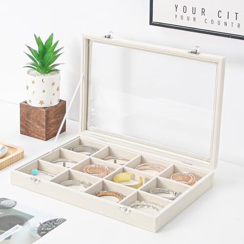 Coward Jewelry Organizer Box, Beige Velvet 12 Grids Bracelet Bangle Necklace Jewelry Display Tray Case with Transparent Glass Lid for Home Drawer Desk or Store Selling Show - color: Beige Velvet, size: 12Grids Box