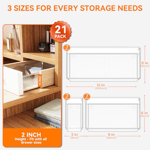 Criusia 21 Pack Large Clear Plastic Drawer Organizer Trays | BPA-Free Acrylic Organizer Bins for Large Kitchen Utensils, Bathroom, Makeup, Jewelries, Office Desk, School Supplies, Perfume - size: 21 Pack