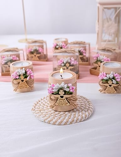 Ju's Favors Wooden Candle Holders Set of 10 for Baptism Gift, Christening Party Favors, Guest Favors,Baby Shower Party Favors. (Light brown - pink) - color: Light Brown - Pink
