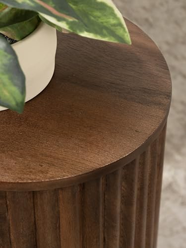 Kate and Laurel Reid Modern Wooden Ribbed Drink Table; 10 x 10 x 22; Walnut Brown; Solid Wood Mini Table for Use as Pedestal Plant Stand Indoors or Small Nightstand Option - color: Walnut Brown