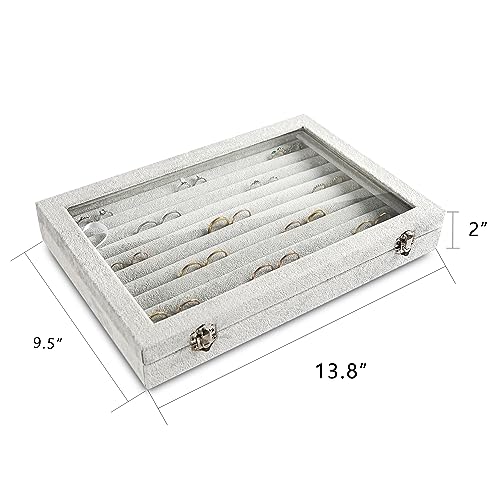 Frebeauty Rings/Earrings Organizer Tray with Clear Lid 10 Slots Velvet Drawer Insert Jewelry Storage box with Glass lid Jewelry Display Case Showcase Gift for Girls Women (Grey, 10 Slots) - color: Grey, size: 10 Slots
