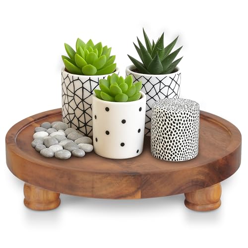 Demigo 10" Acacia Wood Round Tray - Decorative Plant Stand, Farmhouse Countertop Organizer, Multi-Purpose Display Pedestal, Riser Board for Soap, Perfume, Candles, Sponge, Bathroom, Kitchen
