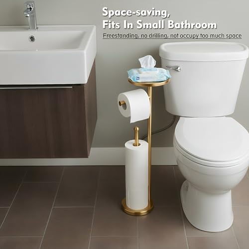 Gold Toilet Paper Holder with Shelf, Tissue Roll Holder Stand with Storage for Holding Extra 4 Toilet Paper Rolls, Stainless Steel Rustproof Freestanding (Brushed Gold) - color: Gold