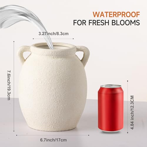 Dobbyby Ceramic Flower Vase 7.6 inch Farmhouse Rustic Vase Decorative Pottery Terracotta Vases for Home Decor Table Mantle Fireplace Living Room Bathroom Wedding Centerpiece (White-Upgraded) - color: M-antique Off White