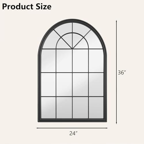 Arched Black Wall Mirror - 24"x36" Arch Window Pane Mirror for Wall Decor, Black Framed Wall Decorative Mirrors for Entryway, Living Room, Dining Room, Bedroom, Fireplace - color: Black 01- Window Pane