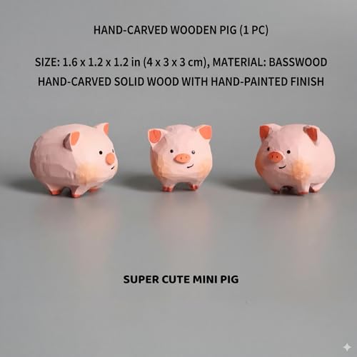 Cute Mini Wooden Pink Pig Figurine – Hand-Carved 1.6" Pig Statue for Car Dashboard & Desk Decor, Adorable Animal Wood Ornament, Gift for Pig Lovers - color: Pink Pig