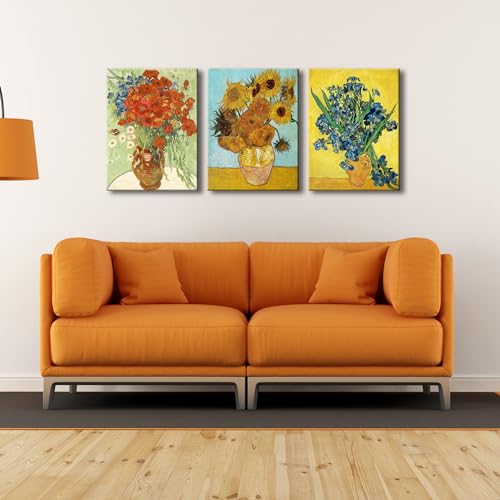 Wieco Art 3 Panels Canvas Prints of Vincent Van Gogh Paintings Reproduction Red Poppies and Daisies Sunflower Irises in Vase Canvas Wall Art for Living Room Home Office Decor - color: Flowers, size: 12 x 16 inches (Unframed)
