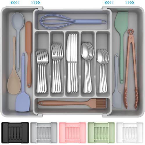 ukeetap Extra Large Expandable Silverware Organizer, BPA-Free Food-Safe Cutlery Flatware Organizer, Kitchen Utensil Drawer Organizer, Adjustable Silverware Holder for Spoons Forks Knives, Gray - color: Gray