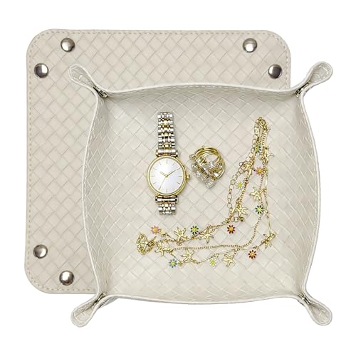 UnionBasic Small Jewelry Tray for Rings Watches Earrings, Entryway Catchall Caddy for Coins Keys Change, Nightstand Bedside Valet Holder, Trays for Electronic Gadgets, Woven Beige - color: Woven Beige, size: 5.4" x 5.4" x 1.6"