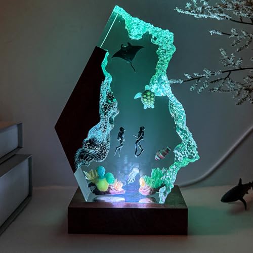 Scuba Diving Resin Ocean Lamp,Handmade 3D Ocean Night Light With Woodden Base,Variable Lights, Scuba Diver Gifts,Diving Enthusiast Collectibles, Unique Birthday Holiday Gifts for Men & Women (L12"x8") - color: Scuba Divers, size: L
