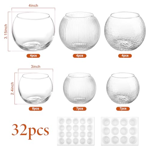 32 Pack Glass Bubble Vases, Small Clear Bud Vases (3 Textures 2 Sizes) Round Mini Globe Bubble Bowl Vases Bulk for Table Centerpieces, Candle Holders, Wedding Event & Home Decor