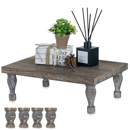 Hanobe Wooden Riser Decorative Tray: Farmhouse Wood Pedestal Display Stand - Rustic Brown Coffee Table Decor for Kitchen Dining Home Decor, Short & Tall Footed