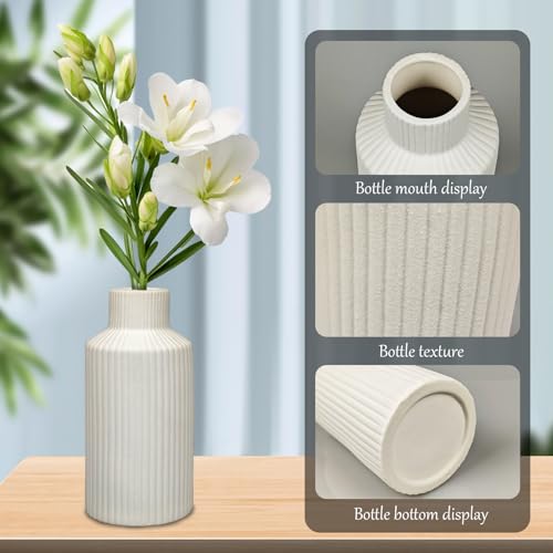 White Ceramic Vase for Flowers - 7.9 Inch Matte Ribbed Modern Vase, Weighted 1.4lb Base & Waterproof Pottery for Pampas Grass, Minimalist Farmhouse Decor for Table Centerpiece Bookshelf