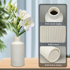 White Ceramic Vase for Flowers - 7.9 Inch Matte Ribbed Modern Vase, Weighted 1.4lb Base & Waterproof Pottery for Pampas Grass, Minimalist Farmhouse Decor for Table Centerpiece Bookshelf