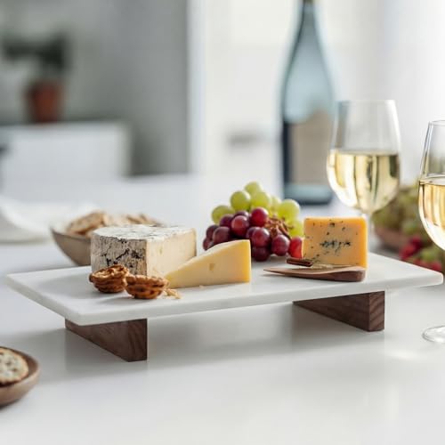 Marble Charcuterie Board Display White Cheese Cutting Footed Stand Tray with Wooden Feet 15.75"L x 8" W x 2.5" H for Vanity, Kitchen and Serving, or as a Gatherings Elegant Cheese Board Gift