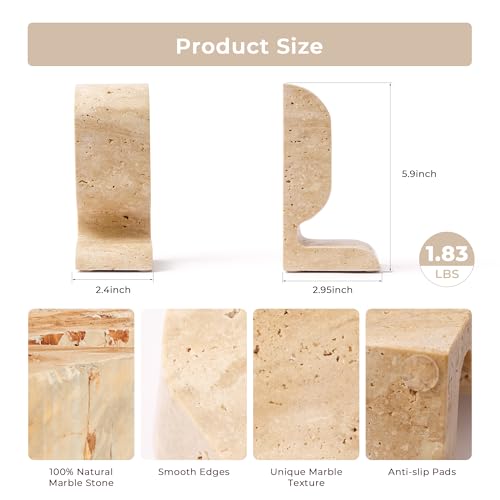 WORHE Travertine Bookends Decorative, Marble Decorative Bookends for Shelves, Heavy-Duty Stone Book Ends for Hardback Book & Cookbooks, Unique Book Stopper & Holder Set of 2 Beige (WH090) - color: Beige