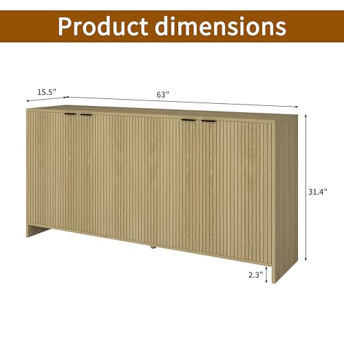 BVIUNTWO Fluted TV Stand for TVs up to 70", Modern TV Console with Storage Cabinet, Entertainment Center with Adjustable Shelves & 4 Doors for Living Room, Natural Oak