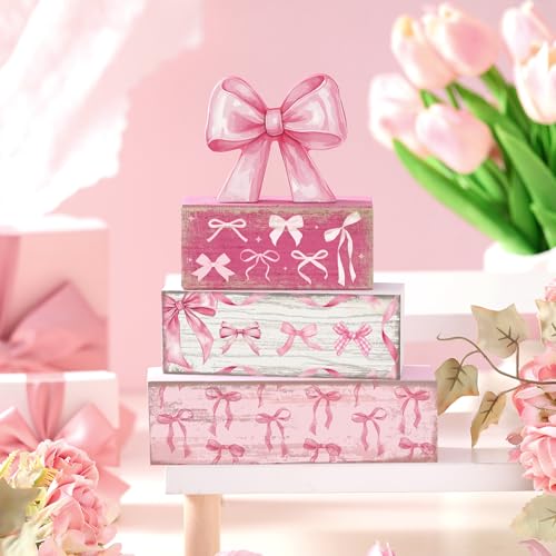 Conelist 4 Pcs Pink Bow Room Decoration Galentines Coquette Gift Pink Bow Block Sign Centerpiece for Table Gift for Teen Girl Birthday Bachelorette Bridal Wedding Baby Shower Valentines Party Supplies - style: Pink Bow
