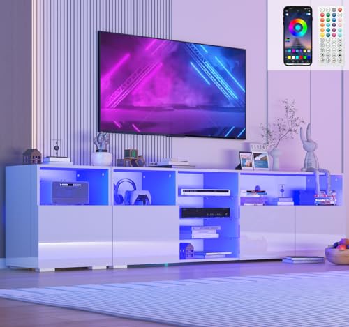 jiteentarou 79IN LED TV Stand for 75/80/85inch TV,High Glossy Modern TV Stand for Living Room,TV Entertainment Center with Adjustable Storage Shelf,RGB LED Lighting,TV Console(White) - color: White