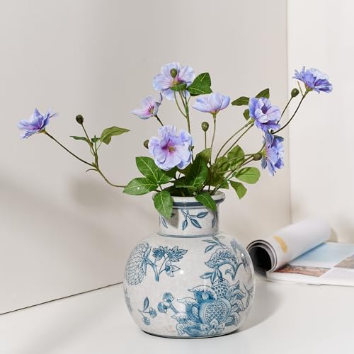 SIDUCAL Blue and White Vintage Vase | 6 Inch Ceramic Chinoiserie Floral | Retro Ice Cracked Blue and White Porcelain Vase for Table, Living Room, Bathroom Decoration, Wedding, Shelf Decor, Mantel - color: 18795-blue and White
