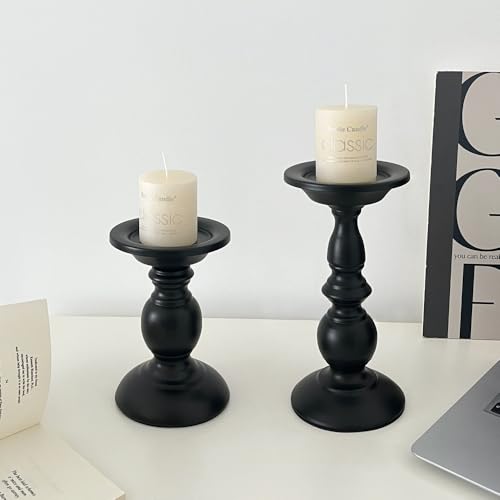 Pillar Candle Holders,Vintage Candle Holder for Table Centrepiece & Fireplace Decor,Decorative Antique Candle Stand for Dining & Living Room Decoration(Black, 8.66”×4.13”×4.13”)