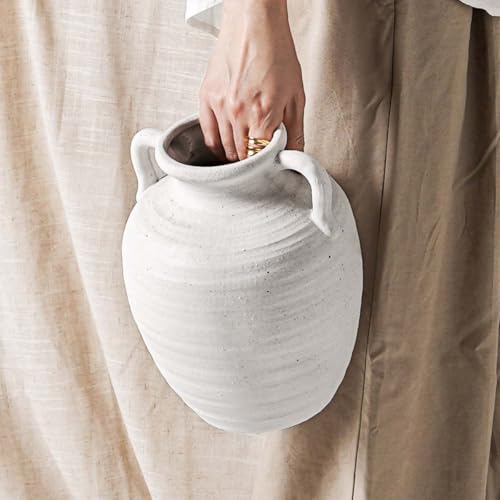 Large White Ceramic Vase - 9.5 Inch Rustic Farmhouse Flower Vase with Handles for Home Decor, Vintage Tall Vase for Living Room, Table, Bathroom, Holiday & Weddings (Sandstone White) - color: Sandstone White-9.5"