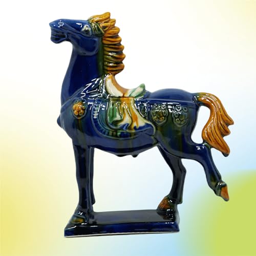 Handmade -Tang Dynasty Tri-Color Horse Sculpture Ceramic Horse-19cm Cultural Art Piece for Home,Bookcase or Office Decor (Blue) - color: Blue