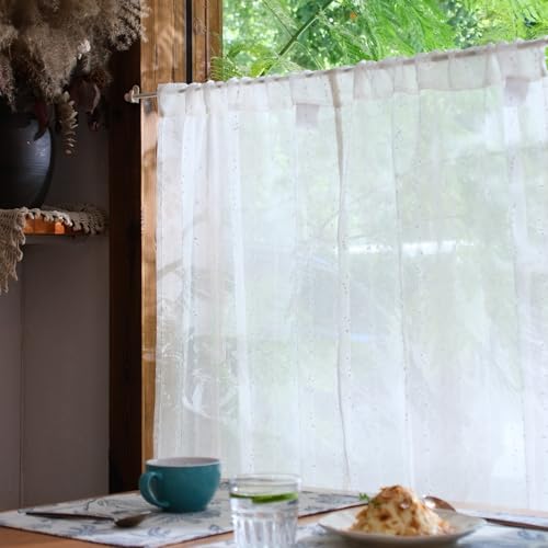 jinchan Semi Sheer Kitchen Curtains for Window 24 Inch Mini Pom-Pom Voile Tier Curtains Light Filtering Small Drapes for Bedroom Living Room Rod Pocket 2 Panels Linen Whisper - color: Dottie Linen Whisper, size: 26"W x 24"L (Pack of 2)