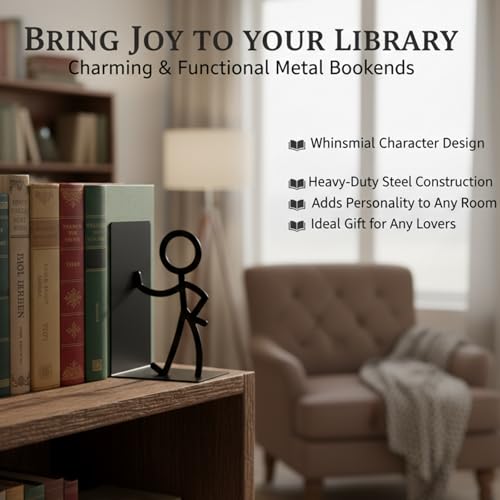 Metal People Bookends - Cute Decorative Book Ends for Shelves, Home Office Desk, Gift for Book Lovers