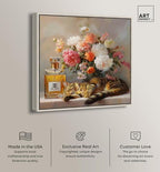 Art Remedy Cat Floral Vase Perfume Canvas Fashion Pet Art, Silver Frame, 40" x 40" - color: Silver Frame, size: 41"L x 41"W