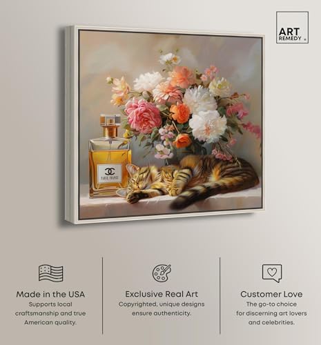 Art Remedy Cat Floral Vase Perfume Canvas Fashion Pet Art, Silver Frame, 12" x 12" - color: Silver Frame, size: 13"L x 13"W