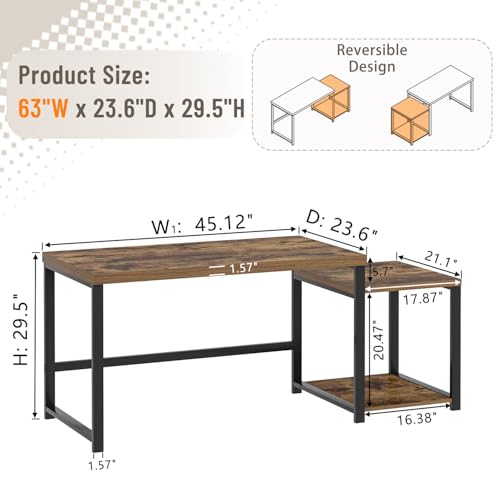 FOLUBAN Large Computer Desk for Home Office with Printer Space, Wood Study Gaming Workstation Table with Storage Shelves, Long Writing Desk for Bedroom Living Room, Rustic Brown, 63 Inch - color: Brown