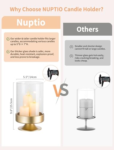 NUPTIO Candle Holders for Pillar Candles: Gold Large Holders with Hurricane Glass Sleeve for Outdoor - Brass Stands Set of 3 for Fireplace Table Centerpiece