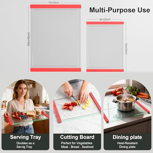 Tempered Glass Cutting Board Set for Kitchen Counter - Dishwasher Safe with Juice Grooves, Non-Slip Silicone Edges & Beveled Grip - 16"x12" & 12"x8" Serving Tray (Red-2PCS) - color: Red-2PCS