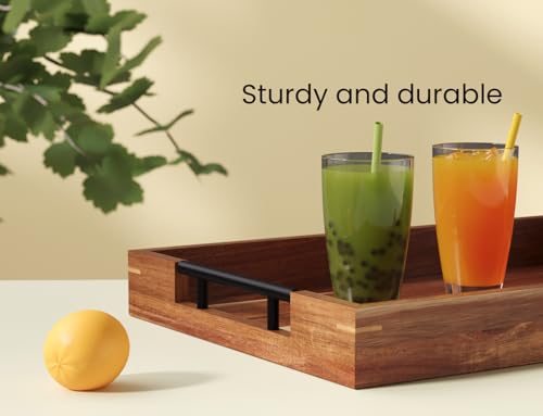 Fibogollo Acacia Wood Serving Tray with Metal Handles,17x12in Ottoman Decorative Trays Platter for Coffee Table,Living Room,Bar,Party(Large) - size: 16.9" x 11.8" x 2"