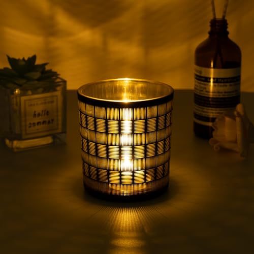 Votive Candle Holders, Set of 3 Black and Gold Glass Tealight Candle Holder with Woven Pattern, Vintage Tea Light Holders for Chirstmas Table Centerpieces Birthday Party Home Decor