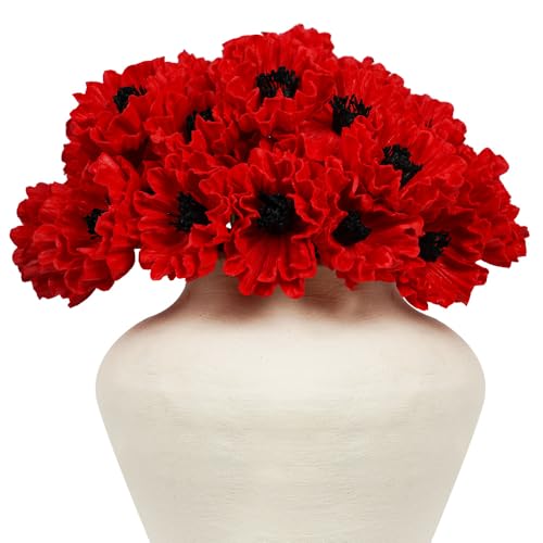 Melorca&Guilla Artificial Flowers,24Pcs 13.5inch Red Poppy Fake Flowers,Real Touch Faux Flowers, Spring Décor Fake Silk Flowers for Wedding Kitchen Shop Office Home Décor (24, Red Cornpoppy) - color: Red Cornpoppy