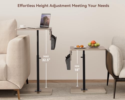 Vagusicc Sofa Armrest Tray Table for Couch - 360° Swivel Height Adjustable Side Table for Small Spaces, Snack Side Table for Bed or Chair, C Shaped End Table Snack Table for Eating Dinner Laptop - color: Greige, style: With Plug+Storage Bag