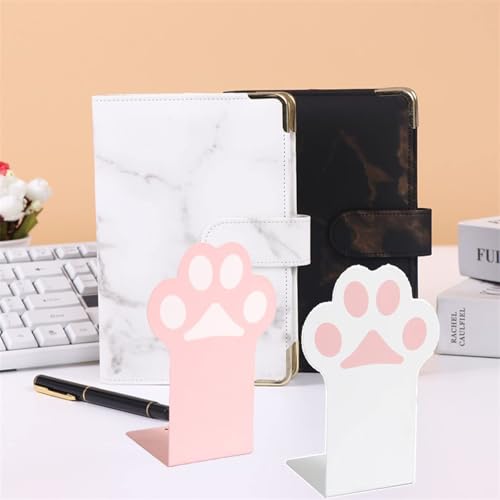 2 Sets Cat Paw Metal Bookends Cute Desktop Bookshelf Sturdy Cartoon Bookshelf for Home and Office Decoration - color: 1 Set Pink+1 Set White