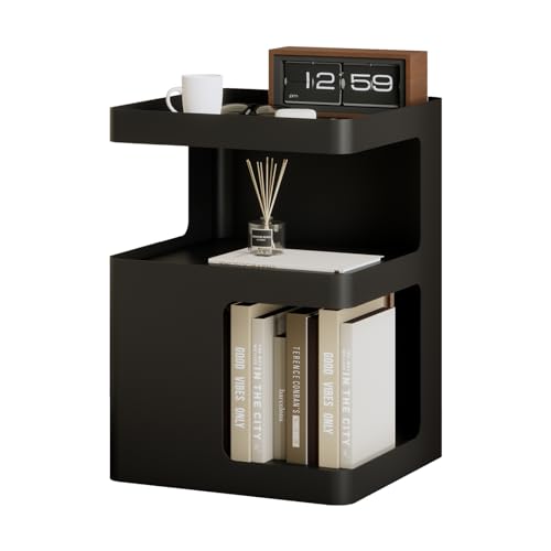 Modern Side Table,Small end Tables for Small Spaces,Black Metal nightstand,Bedside Tables,Accent Table with Storage for Couch, Bedroom,Living Room.No Assembly Required - color: Black-mo