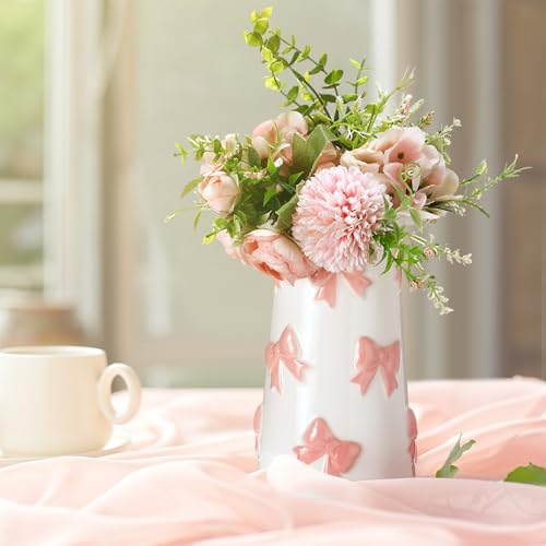 Chunful Embossed Pink Bow Ceramic Vase for Home Decor 7.1 Inch Cute Coquette Gifts for Women Girls Mother's Day Modern Decorative Bouquet Flower White Vases for Living Room Table - style: Pink Bow